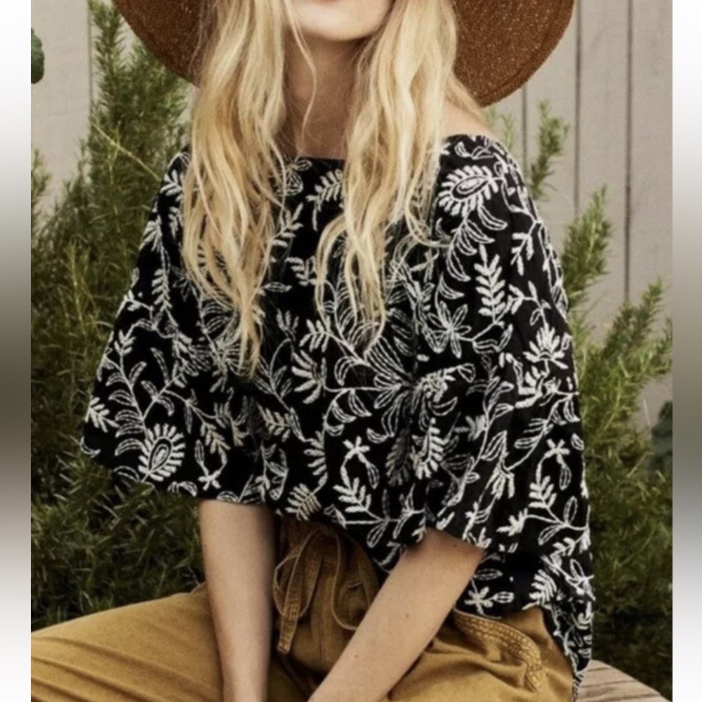 Anthropologie Rory Embroidered floral blouse top - black and white large